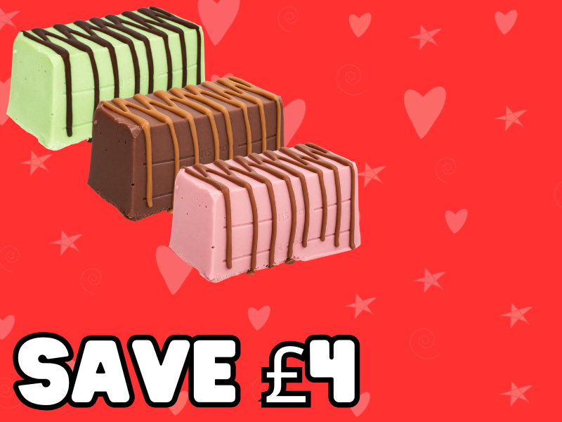 The Chunk Selection Box features three rectangular cakes—green, brown, and pink—with drizzled chocolate fudge on a red background with hearts and stars. “SAVE £4” appears in large white text at the bottom left.
