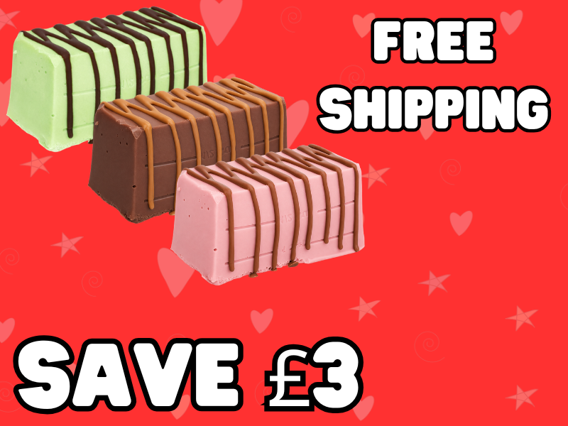 The Chunk Selection Box features three rectangular cakes—green, brown, and pink—topped with chocolate drizzle on a red, heart-and-star background. Bold text offers “FREE SHIPPING” and “SAVE £3” on delicious handmade fudge by Chunk Fudge.