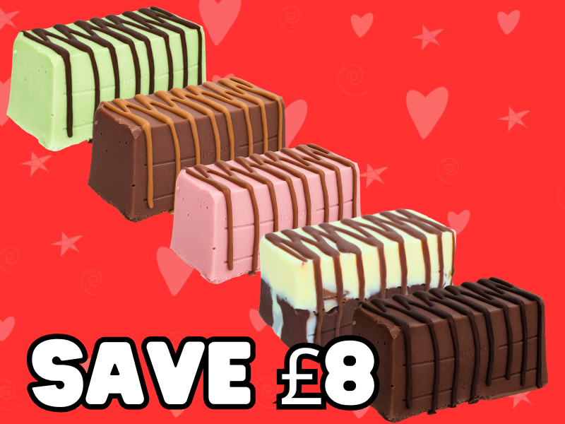 Four rectangular handmade fudge cakes in green, brown, pink, and white with chocolate drizzles are arranged diagonally on a red heart background. Bold white text at the bottom reads, SAVE £8 on the Chunk Selection Box.