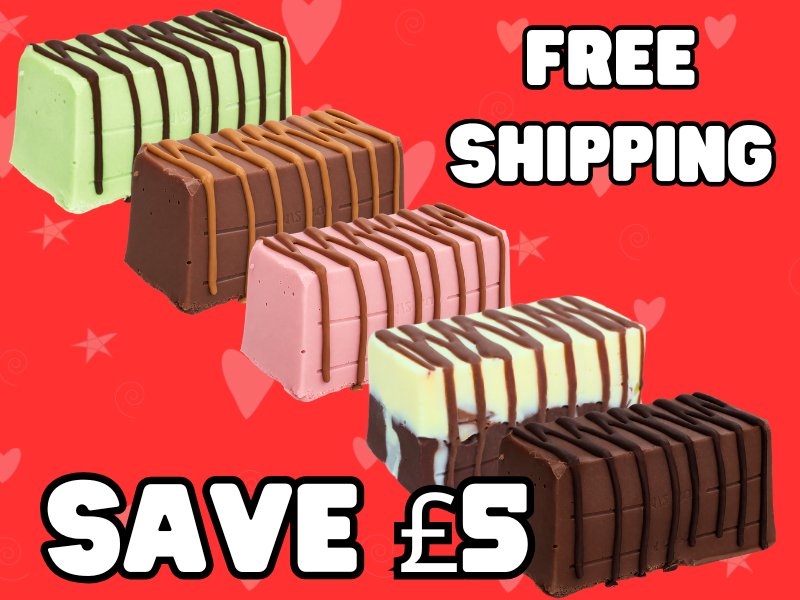 Four Chunk Selection Box cakes in different flavours are on a red, heart-themed background. Bold white text says FREE SHIPPING and SAVE £5—ideal for handmade fudge fans!.
