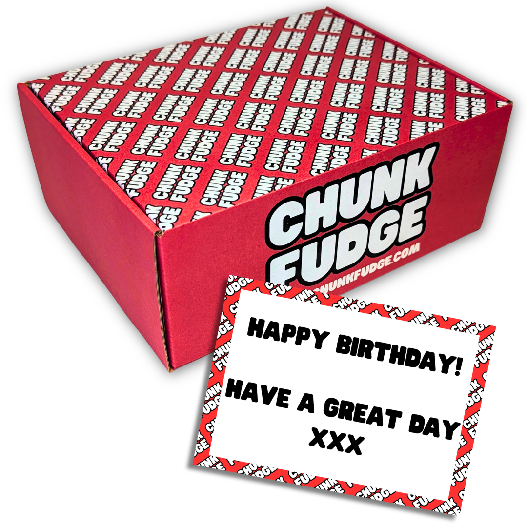 A Chunk Gift Box with a branded lid sits by a card saying, HAPPY BIRTHDAY! HAVE A GREAT DAY XXX, both featuring matching red and white designs.