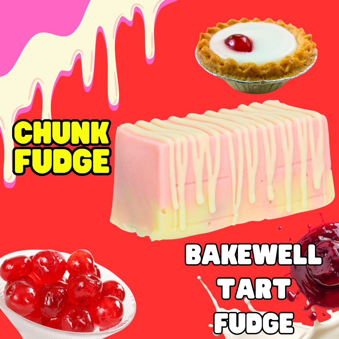 A rectangular block of Bakewell Tart Fudge, pink and white with a white drizzle, sits on a red background alongside a cherry Bakewell tart, glazed cherries in a bowl, icing drips, and bold text reading Chunk Fudge.