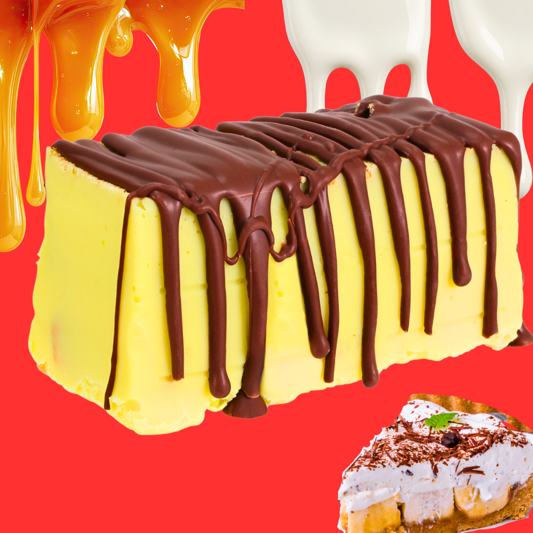 A rectangular ice cream bar topped with luxury milk chocolate and dripping caramel, white sauce, and slices of Banoffee Pie Fudge, all set against a vivid red background.