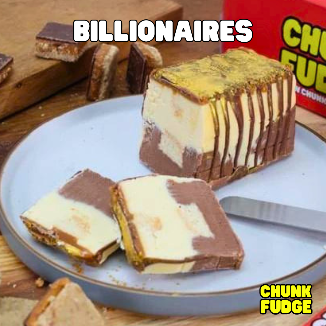 A sliced rectangular block of Billionaires Fudge, featuring layered milk chocolate and vanilla chunk fudge, sits on a plate with a knife. "BILLIONAIRES" is at the top and "CHUNK FUDGE" in bold yellow at the bottom right.