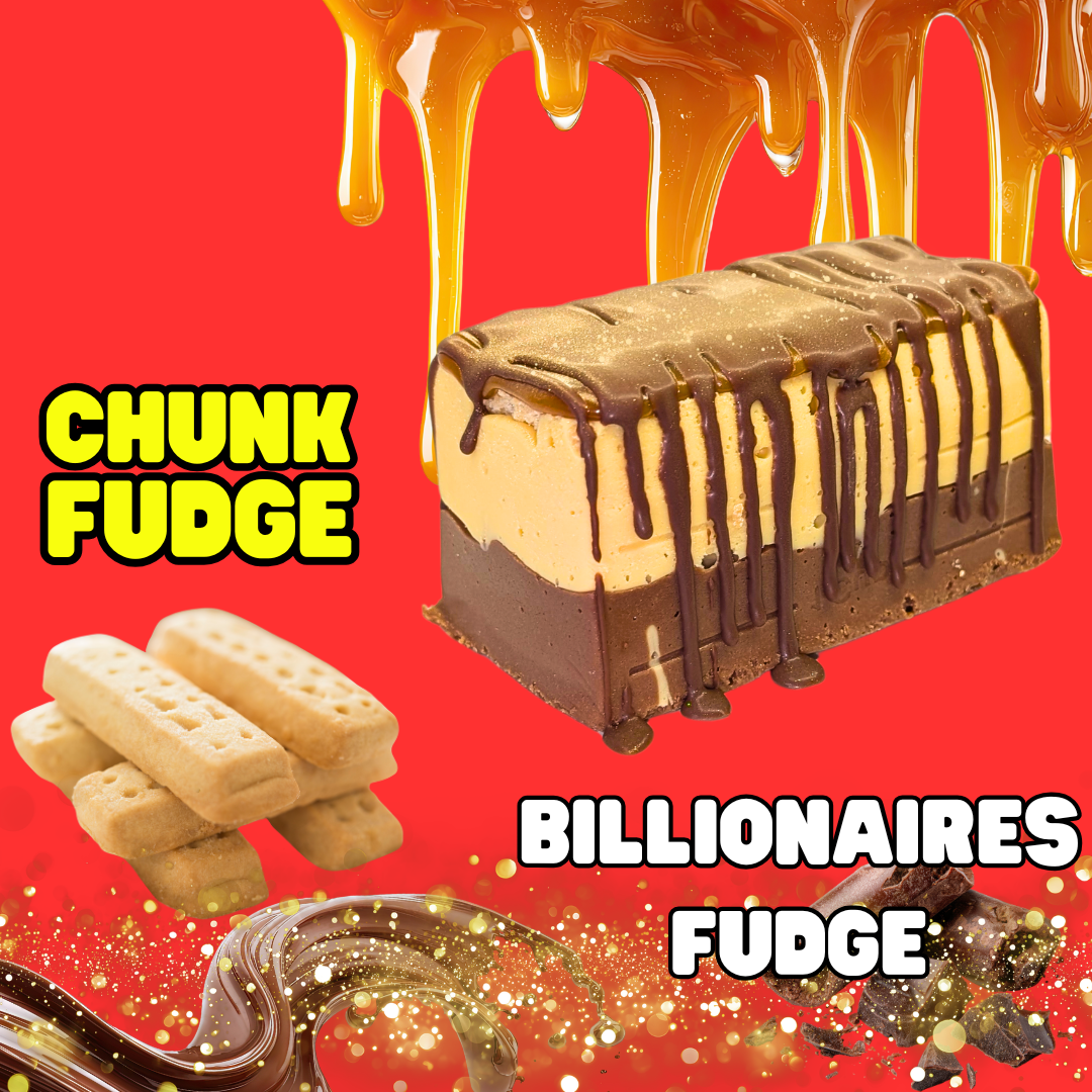 Billionaires Fudge: Rich milk chocolate and caramel fudge bars drizzled with chocolate, paired with shortbread cookies on a red background. Caramel drips from above and the text reads CHUNK FUDGE and Billionaires Fudge.