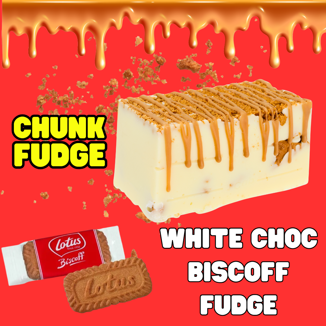 A block of White Choc Biscoff Fudge is shown, drizzled with caramel and biscuit crumbs. The product name appears in bold, alongside Lotus Biscoff biscuits on a bright red background with caramel dripping down.