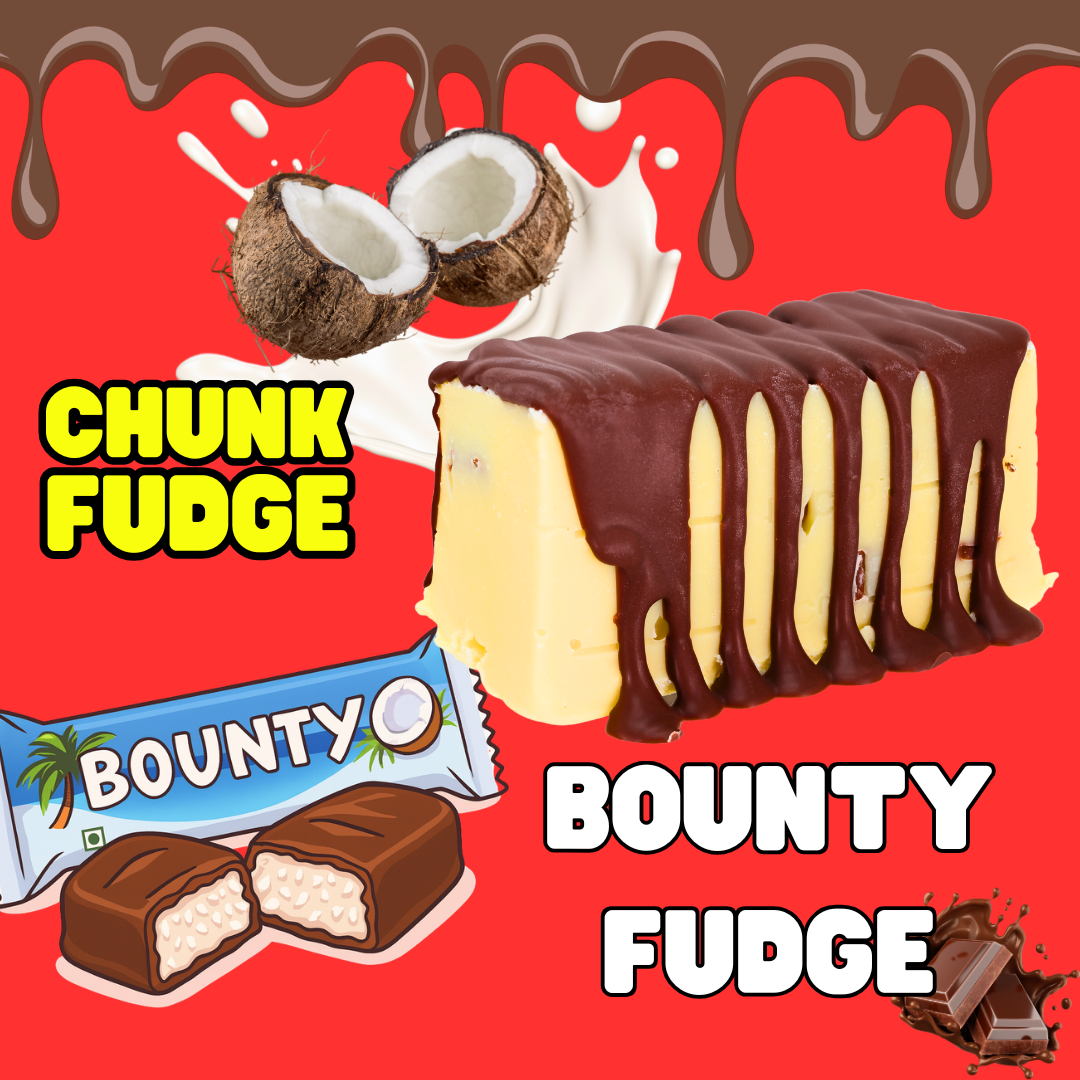 A sliced block of creamy Bounty Fudge covered in chocolate, with a split coconut, a bitten piece, and “CHUNK FUDGE” and “BOUNTY FUDGE” text on a red background.
