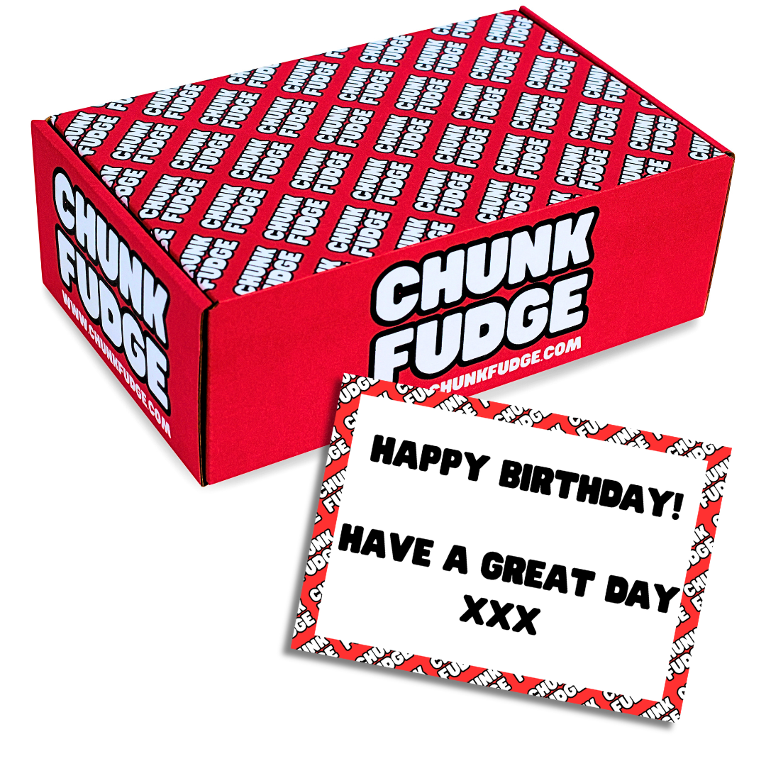 A red Chunk Gift Box sits beside a birthday card that says: HAPPY BIRTHDAY! HAVE A GREAT DAY XXX. The card features a colorful border with matching branding.