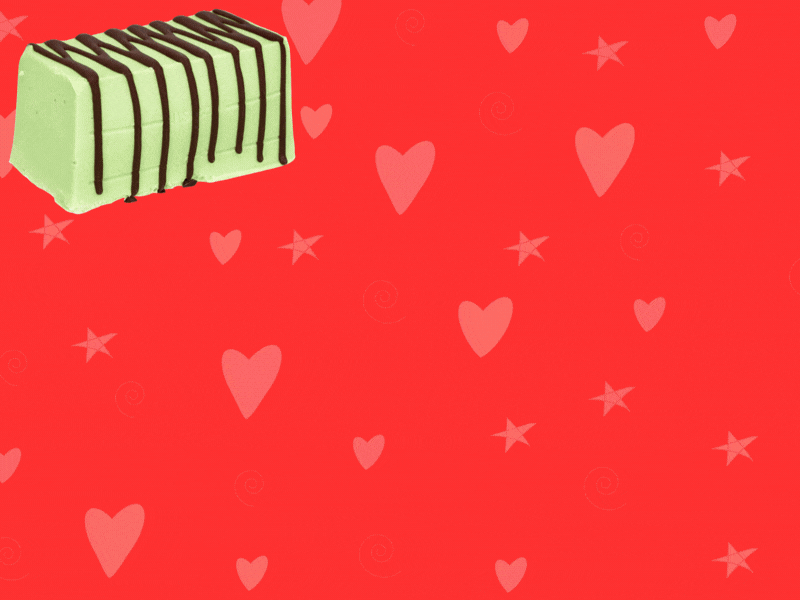 A Chunk Selection Box ice cream bar in mint green, topped with chocolate drizzle and handmade fudge chunks, set against a bright red background with pink hearts and stars.