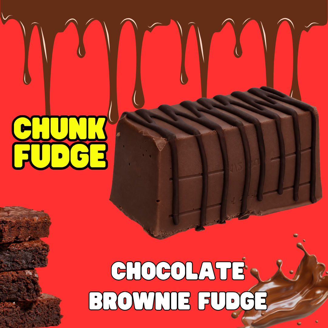 A rich slab of handmade Chocolate Brownie Fudge topped with chocolate drizzle is shown on a red background with dripping chocolate. Bold yellow and white text reads: CHUNK FUDGE and CHOCOLATE BROWNIE FUDGE. UK delivery available.