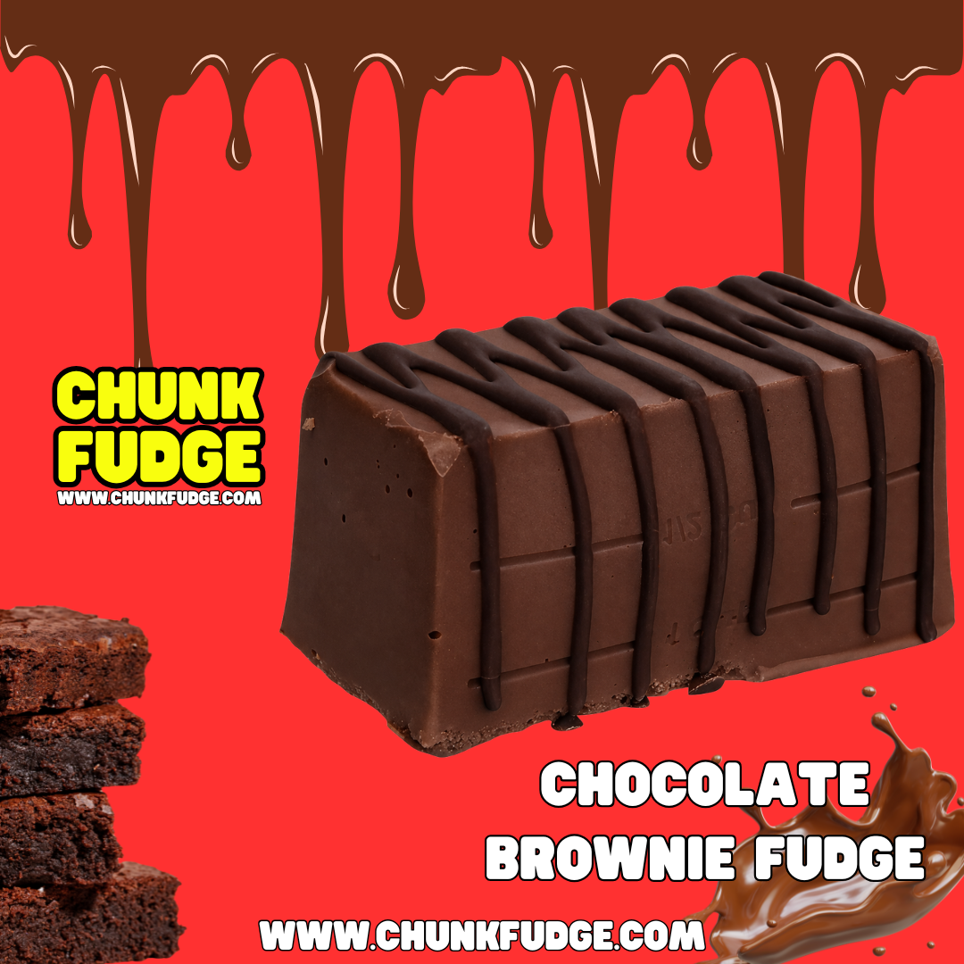 A thick slice of handmade Chocolate Brownie Fudge, drizzled with chocolate and topped with brownie pieces, sits on a red background. Enjoy Chocolate Brownie Fudge with UK-wide delivery.