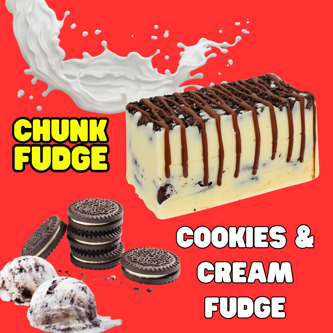 A rectangular block of handmade Cookies And Cream Fudge with chocolate drizzle sits on a red background, surrounded by sandwich cookies, scoops of cookies and cream ice cream, a milk splash, and bold yellow and white text.