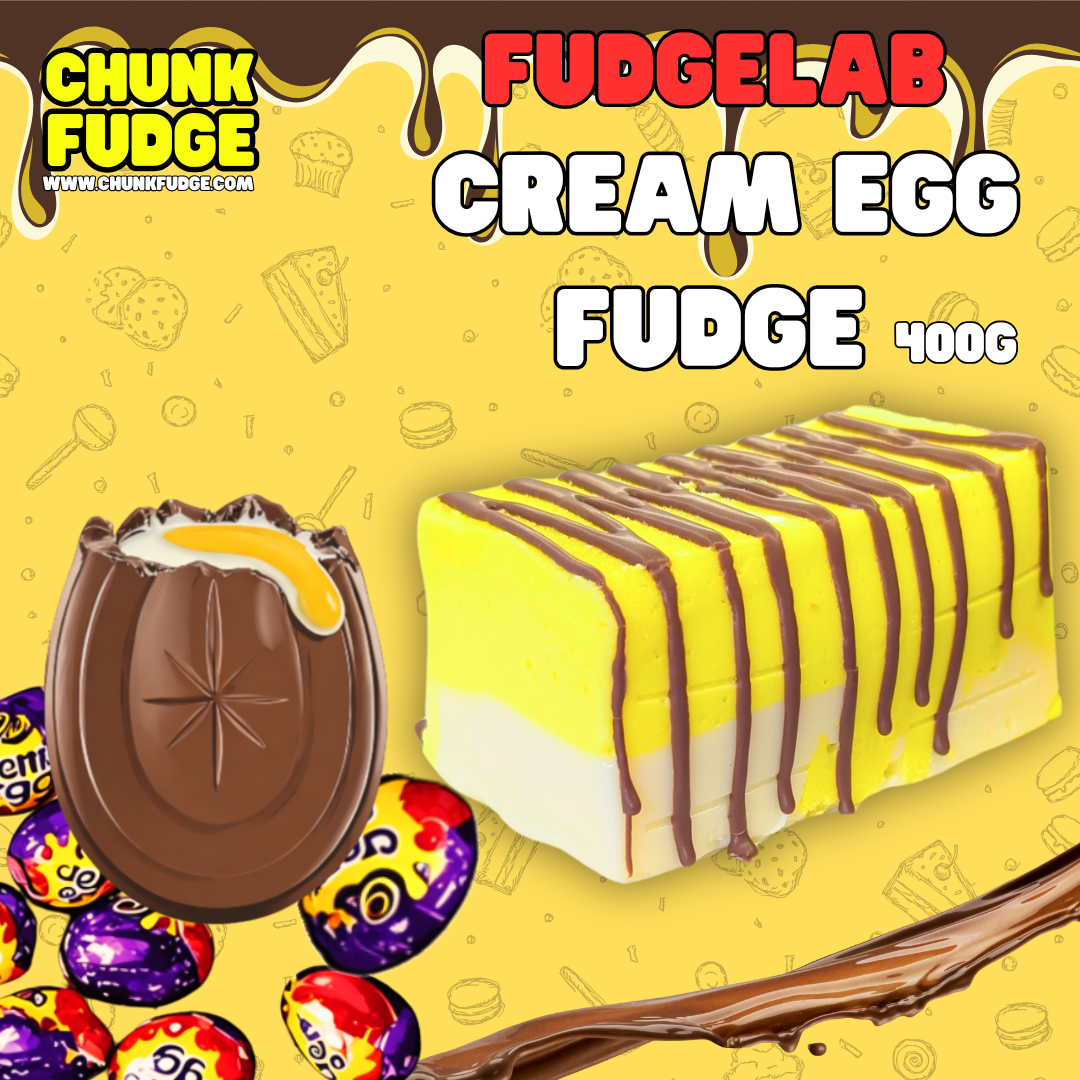 A colorful ad for Cream Egg Fudge shows a chocolate cream egg, a block of layered yellow, white, and brown fudge drizzled with chocolate, and Creme Eggs candies. Text reads: FUDGELAB CREAM EGG FUDGE 400G.