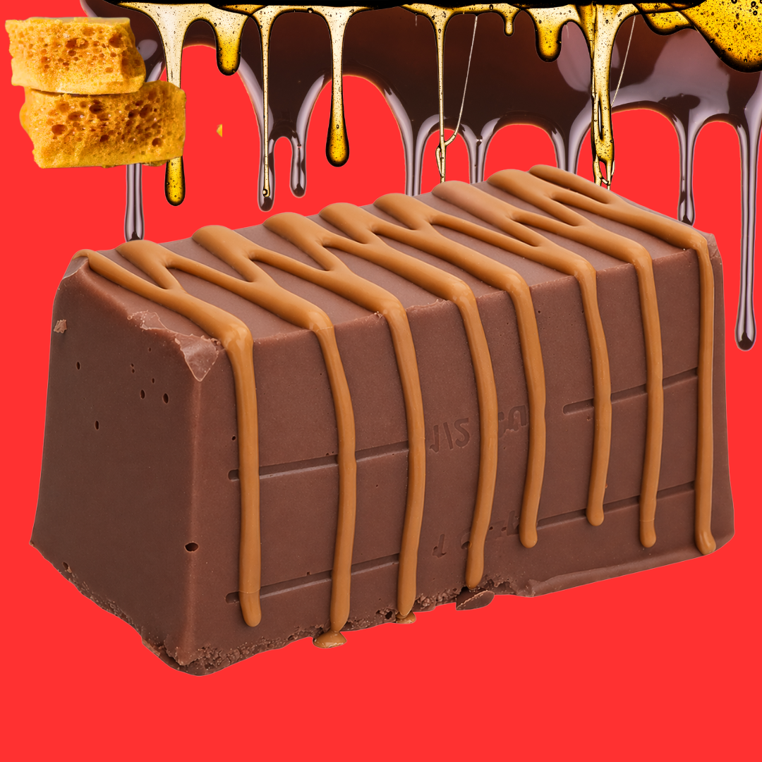 Crunchy Honeycomb Fudge sits in front, chocolate-covered and drizzled with caramel. Behind it, chocolate and caramel sauces drip over honeycomb pieces, all against a vivid red background.