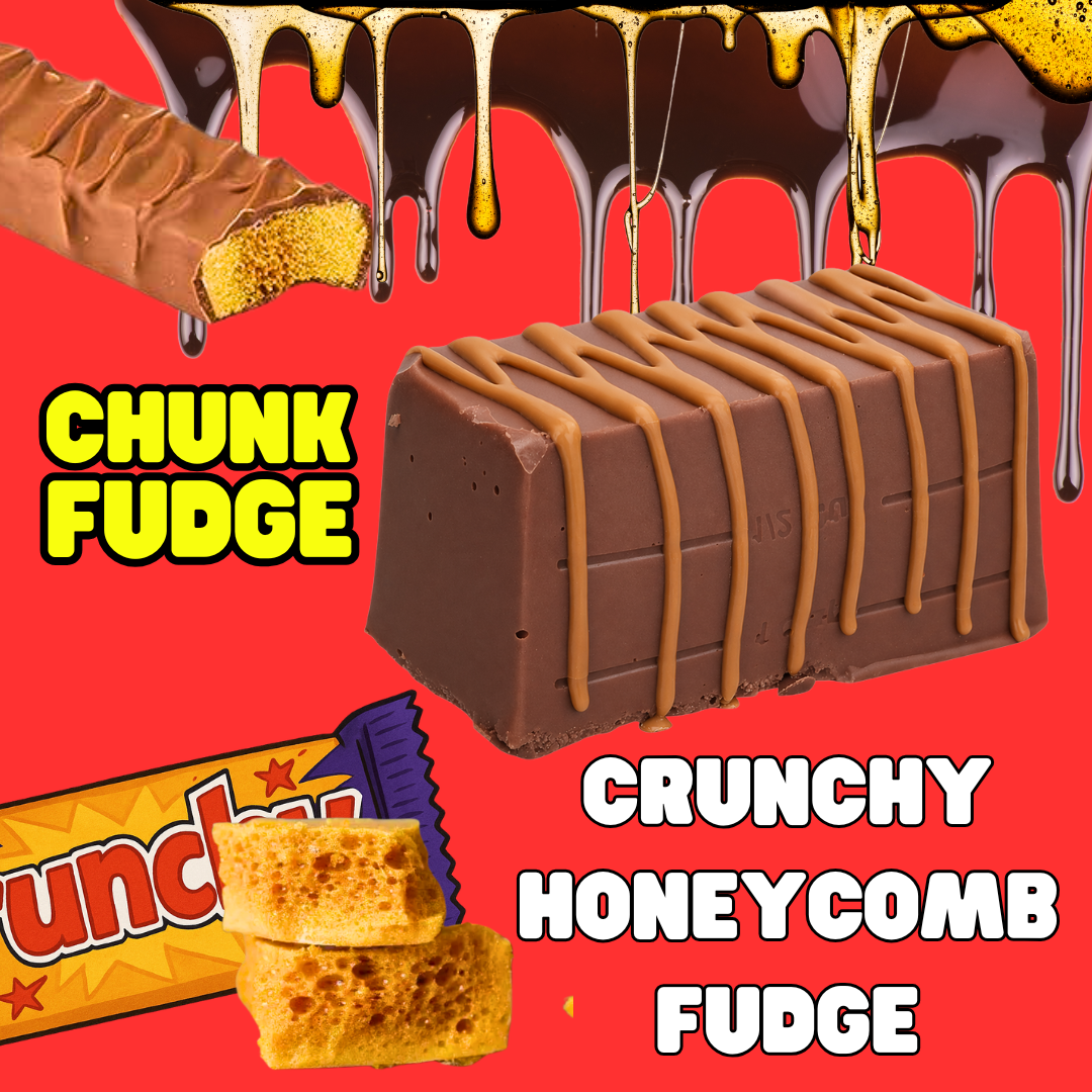 The Crunchy Honeycomb Fudge bar, covered in chocolate fudge and drizzled with caramel chocolate, rests on a bright red background surrounded by melting chocolate, honey, and chunk fudge pieces beside bold “CHUNK FUDGE” text.