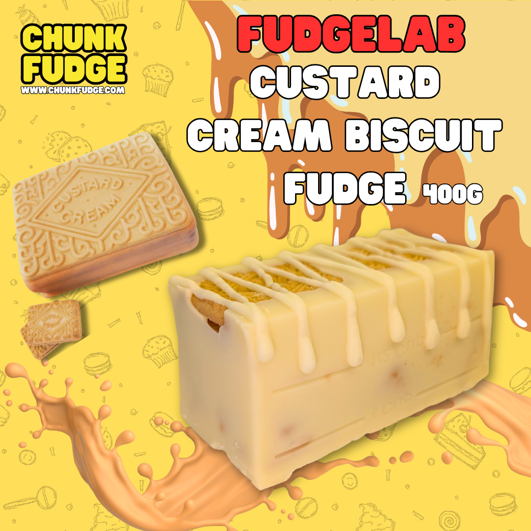 A block of Custard Cream Biscuit Fudge with white drizzle sits beside a custard cream biscuit. The yellow background shows biscuit and fudge illustrations. Text reads: Custard Cream Biscuit Fudge 400g.