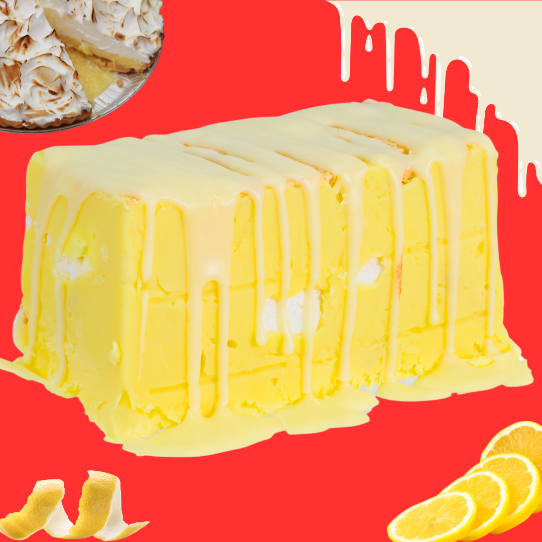 Lemon Meringue Pie Fudge is shown on a vibrant red background with a rectangular lemon ice cream cake topped with yellow glaze, surrounded by lemon slices and peels in the corners.