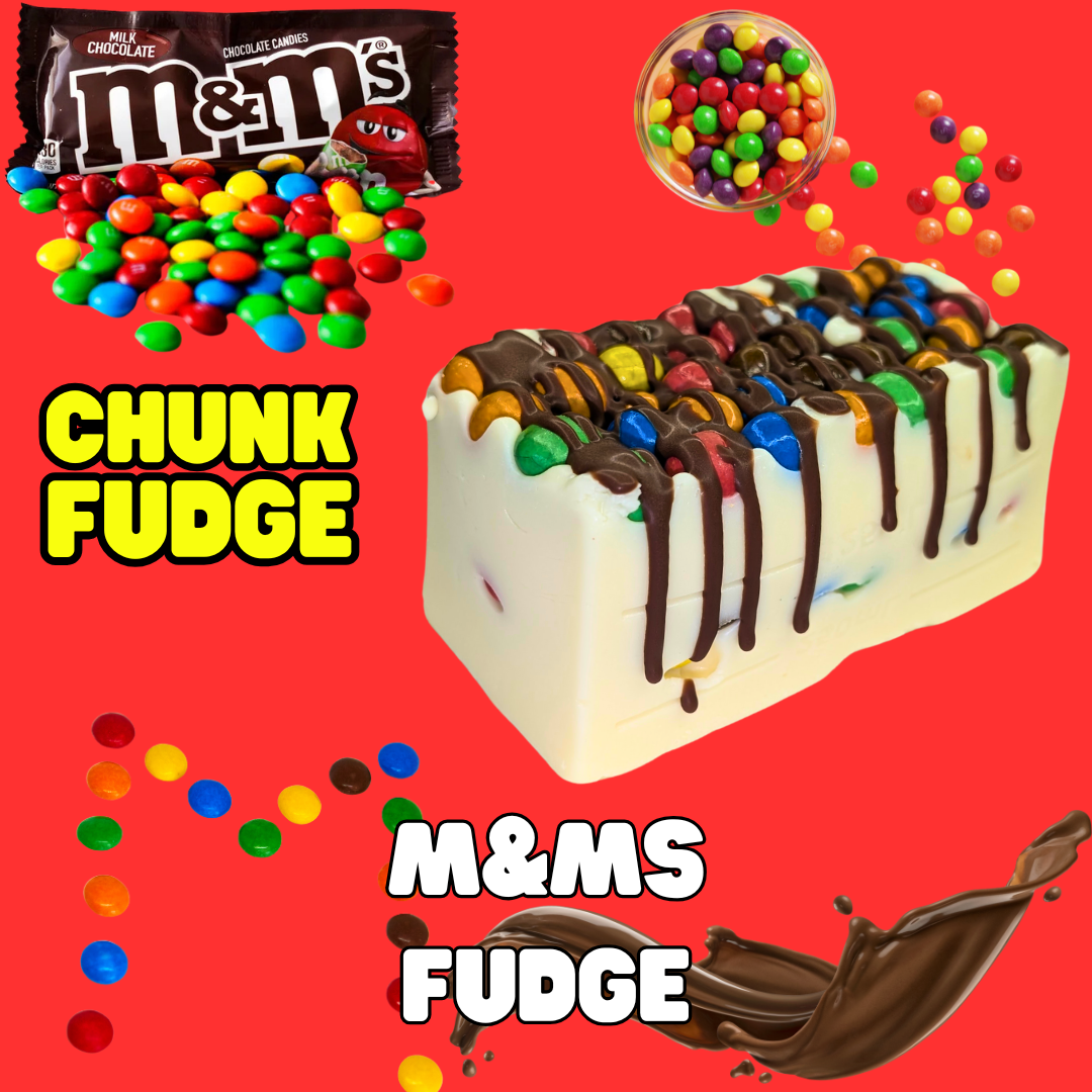 M+Ms Fudge: White chocolate fudge topped with colorful M&M’s, drizzled with chocolate, surrounded by M&M’s and a bag of M&M’s on a red background. “CHUNK FUDGE” and “M&Ms FUDGE” text shown. UK delivery available.