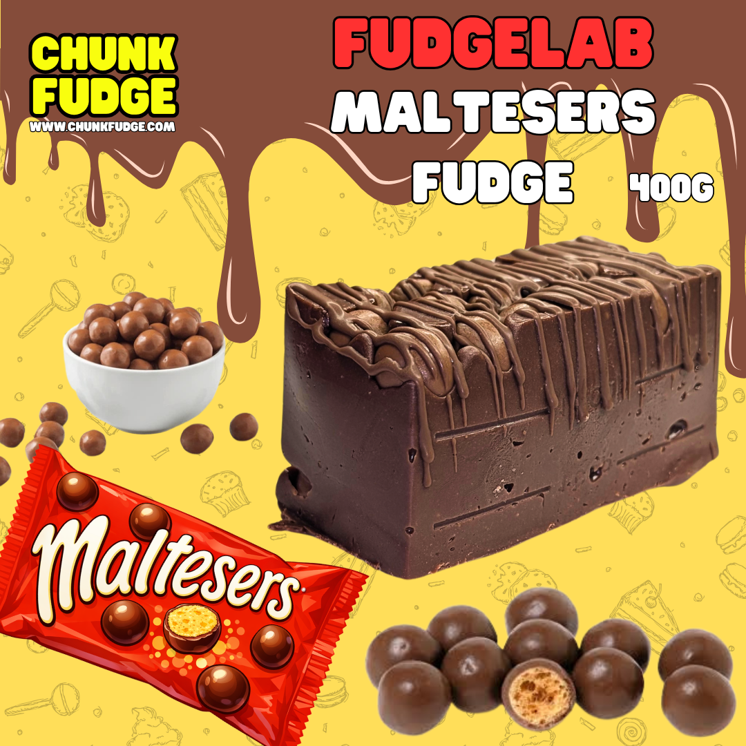 A block of Maltesers Fudge drizzled with chocolate, surrounded by Maltesers, a packet and bowl of Maltesers, decorative chocolate drips, and the text "FUDGELAB MALTESERS FUDGE 400G".