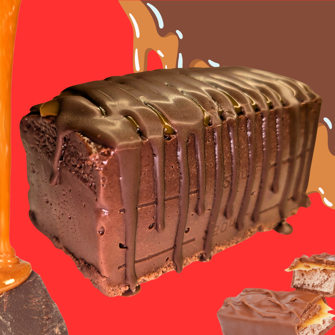 Mars Fudge: A rectangular dessert drizzled with dark chocolate, surrounded by caramel sauce and chocolate pieces, displayed on a bright red background.