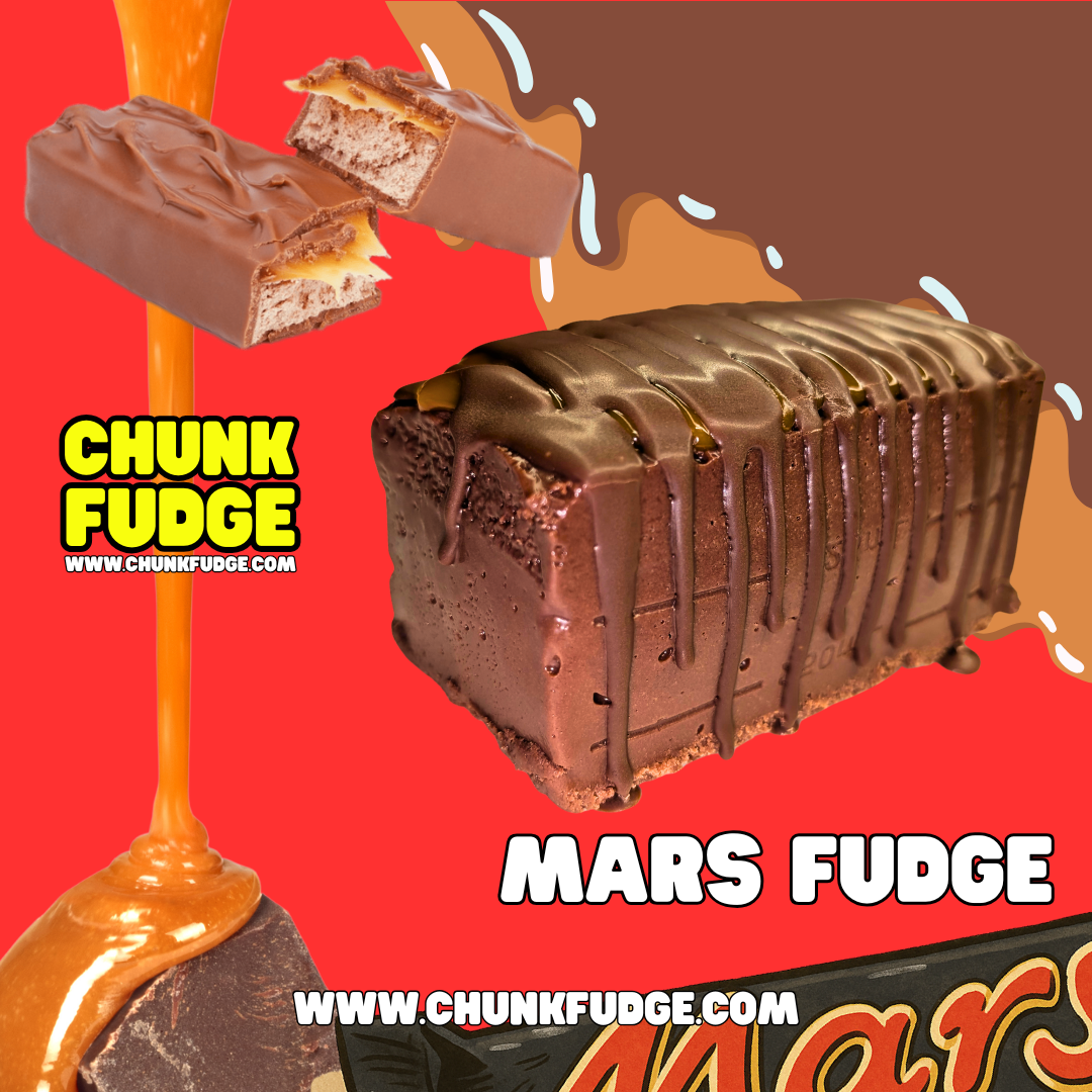 Indulge in Mars Fudge: chunky chocolate fudge with caramel and chocolate drizzle, set against a bold red background. Sliced candy bar and caramel pour highlight this irresistible treat. Visit www.chunkfudge.com for more.