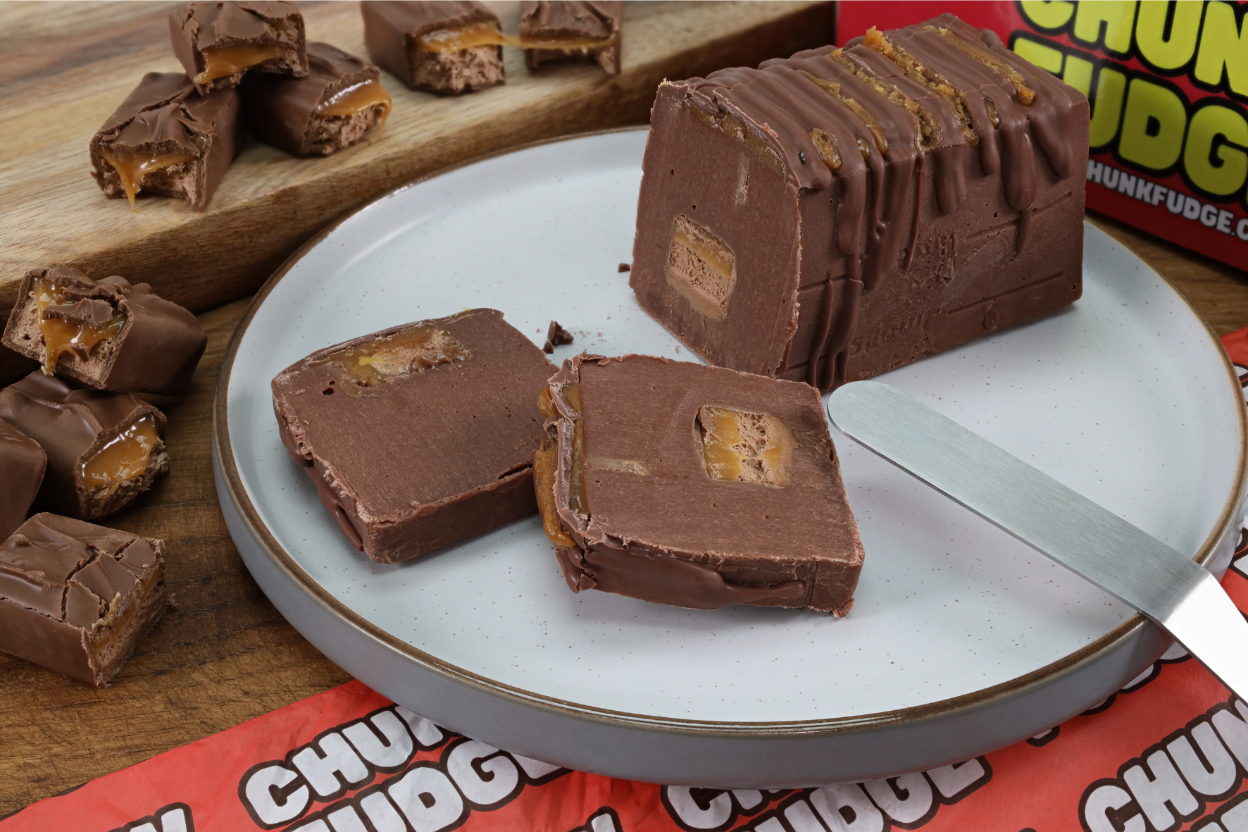 Landscape view of Mars Fudge showing chocolate fudge, Mars pieces, nougat and caramel