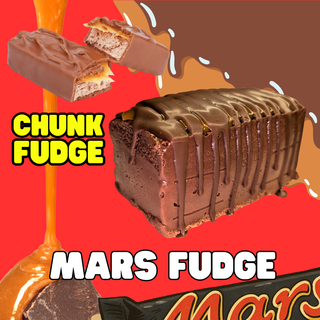 A chocolate-covered Mars Fudge bar with caramel drizzle sits on a red background. Bold yellow and white text reads CHUNK FUDGE and MARS FUDGE, with part of a Mars Fudge bar visible at the bottom.