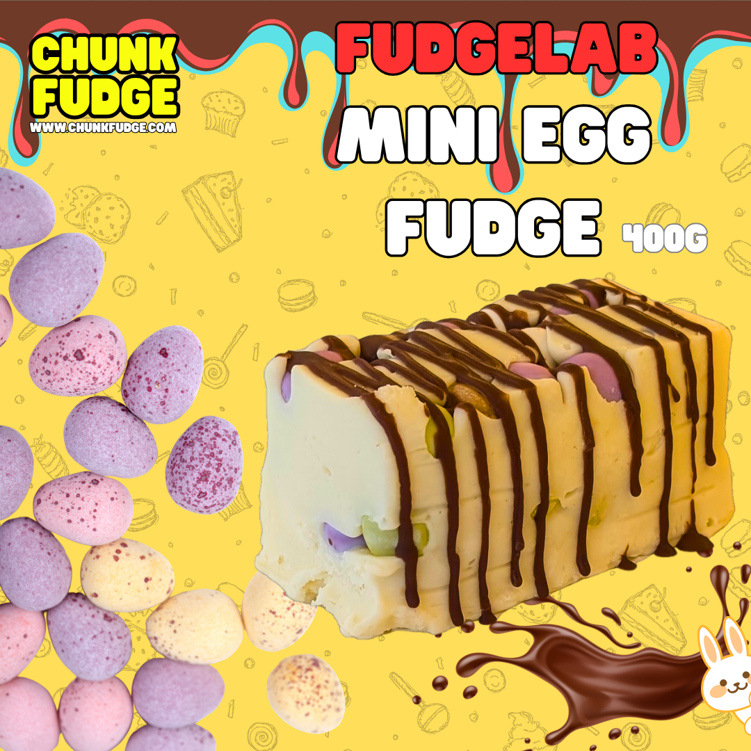 Mini Egg Fudge features a block of creamy white chocolate fudge with colorful mini eggs inside, drizzled with chocolate and surrounded by scattered candy mini eggs. The yellow background includes candy graphics and the Chunk Fudge logo.