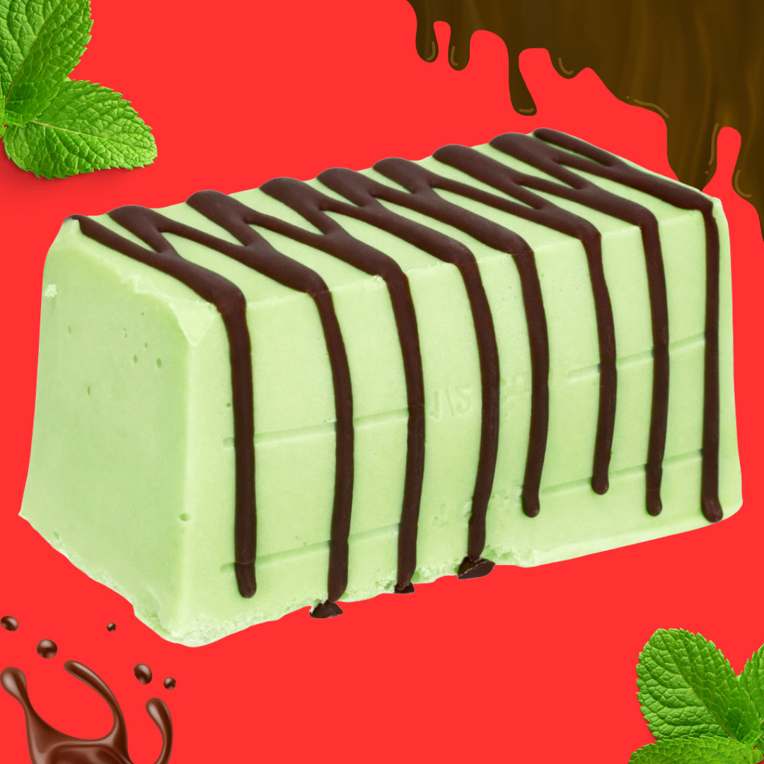 A rectangular mint-green ice cream bar, drizzled with chocolate syrup and surrounded by mint leaves and chocolate splashes, evokes the look of Mint Aero Fudge—now available for UK delivery.