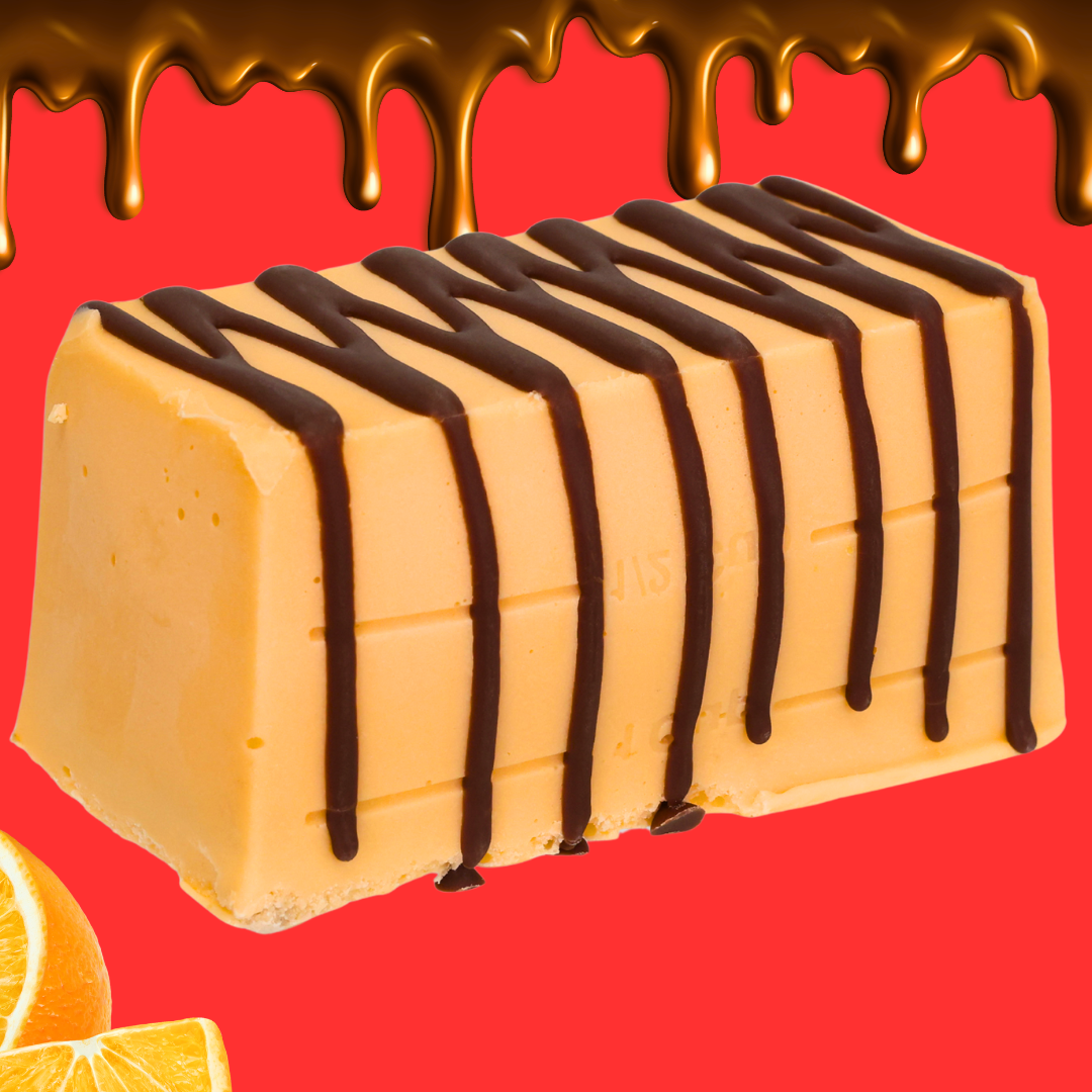 Orange Aero Fudge: A rectangular orange chocolate fudge bar with chocolate drizzle on top, displayed on a vibrant red background featuring a dripping chocolate design and orange slices in the corners.