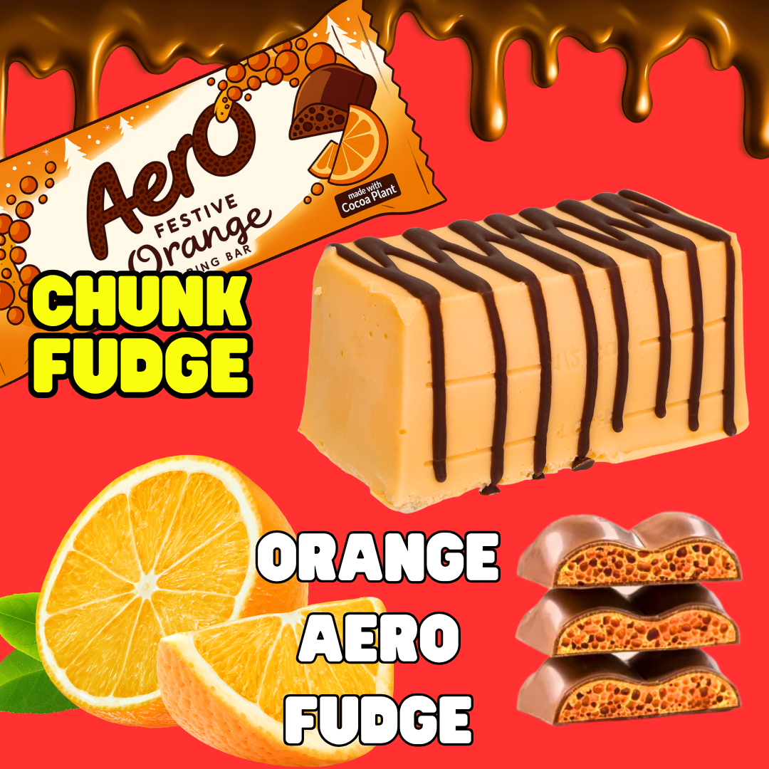 Orange Aero Fudge chocolate bar features orange chocolate fudge chunks, a rich chocolate drizzle, orange slices, and chocolate pieces on a bold orange background with dripping chocolate.