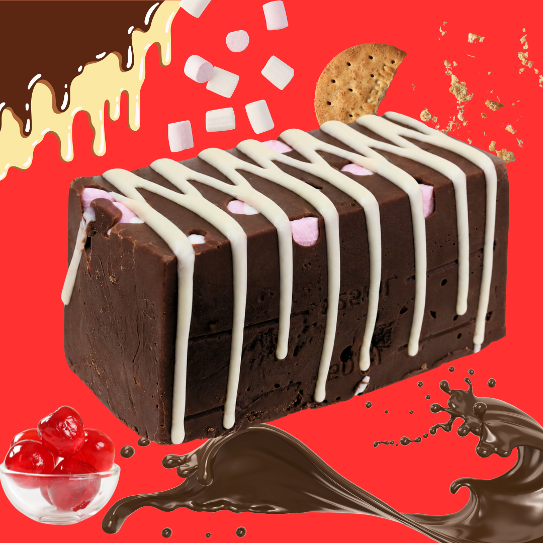 Close-up of Rocky Road Fudge with chocolate fudge, marshmallows, glacé cherries and biscuit
