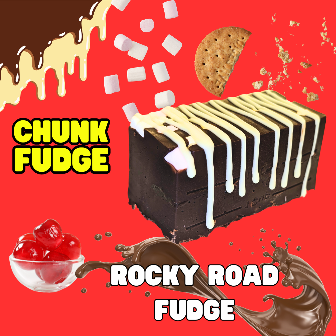 Rocky Road Fudge: Handmade chocolate fudge drizzled with white chocolate, topped with marshmallows and a graham cracker piece, surrounded by marshmallows, cherries, chocolate splashes, and cracker pieces.