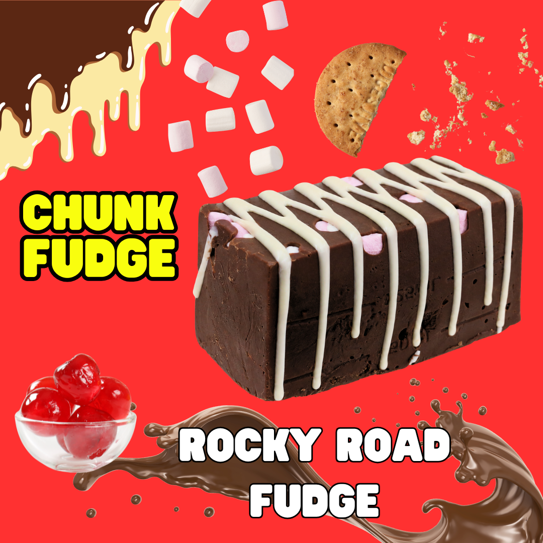 Rocky Road Fudge with chocolate fudge, marshmallows, glacé cherries and biscuit on a promotional background