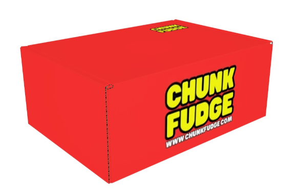 Red box with 'Chunk Fudge' branding on a white background