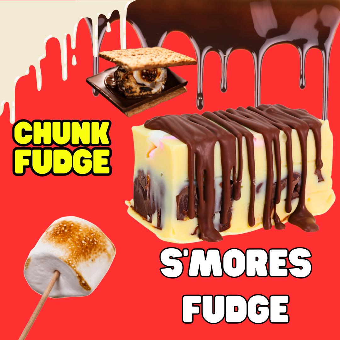 A thick slice of S'mores Fudge with layers of white and dark chocolate is displayed on a red background, accompanied by a toasted marshmallow on a stick and a s'more. Bold text highlights the product name: S'mores Fudge.