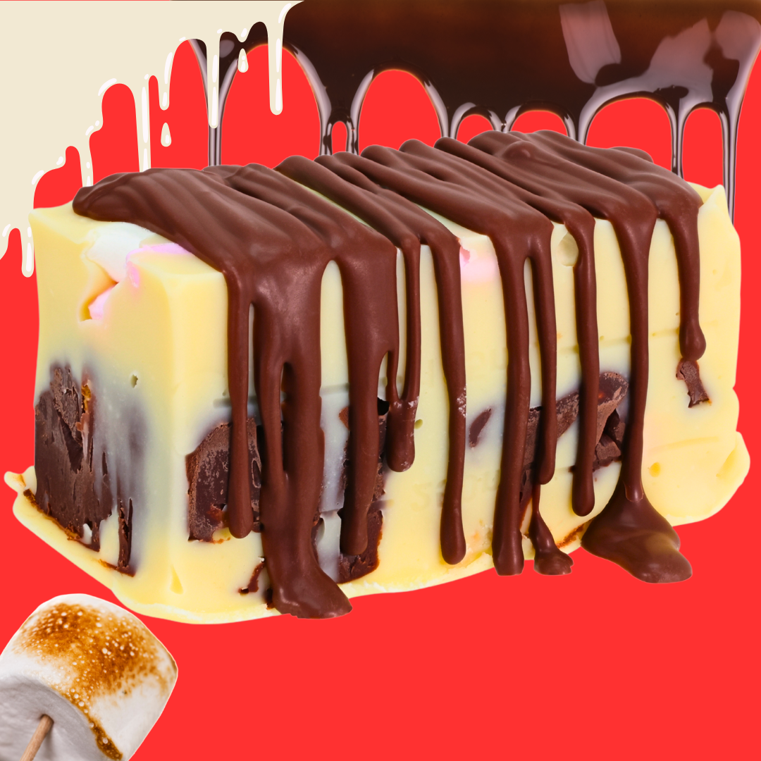 A slice of chocolate and vanilla ice cream cake is topped with S'mores Fudge sauce, drizzling down, and garnished with a toasted marshmallow, all set against a bright red background.