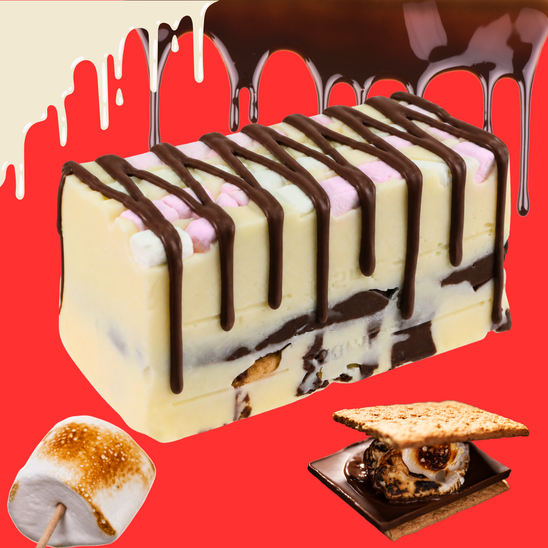 Detail view of S’mores Fudge showing mallow and chocolate fudge, marshmallows and digestive biscuit