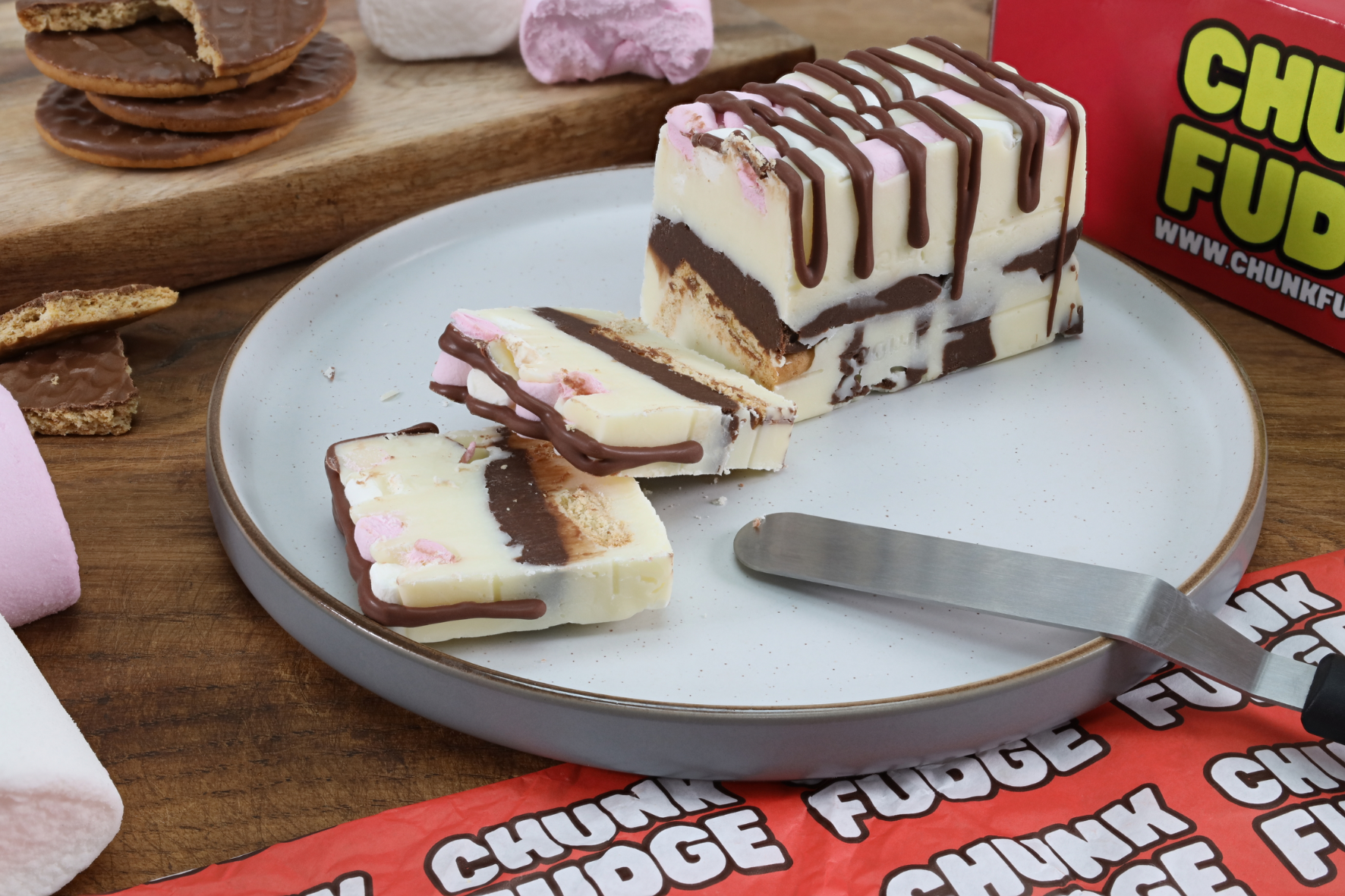 Landscape view of S’mores Fudge showing mallow and chocolate fudge, marshmallows and digestive biscuit