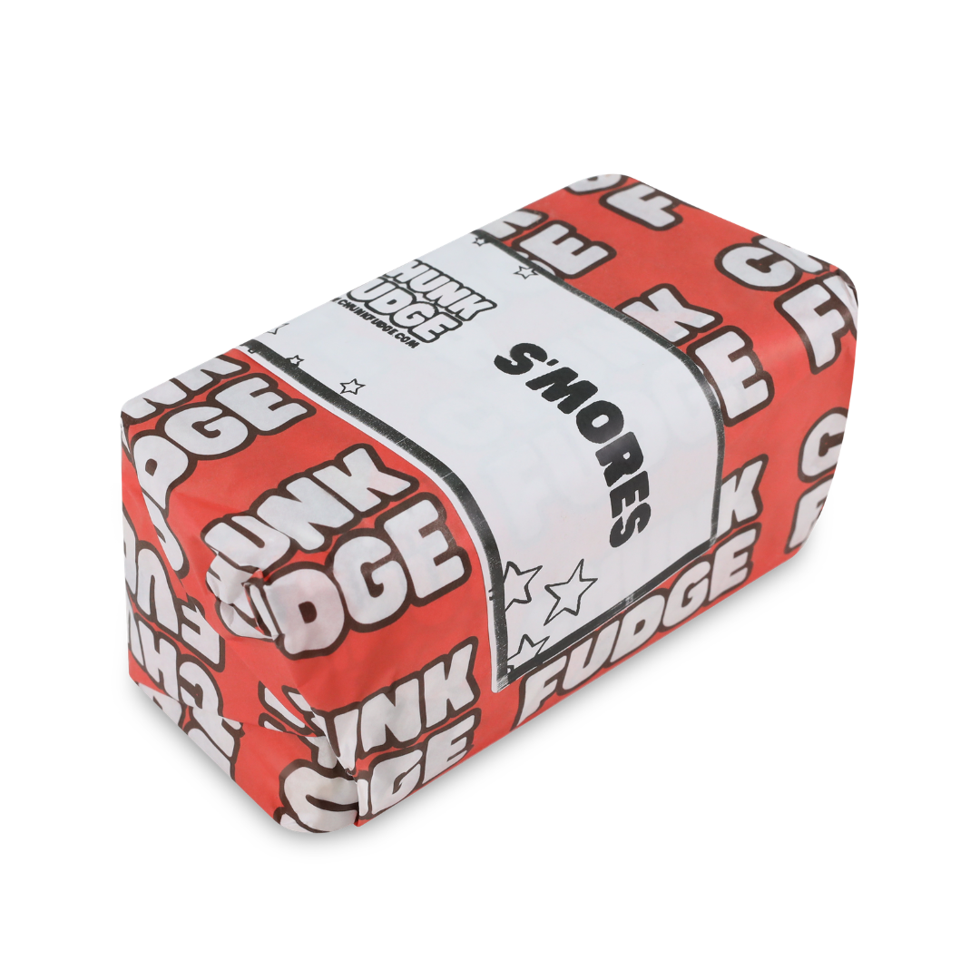Wrapped S’mores Fudge bar in red and white Chunk Fudge packaging