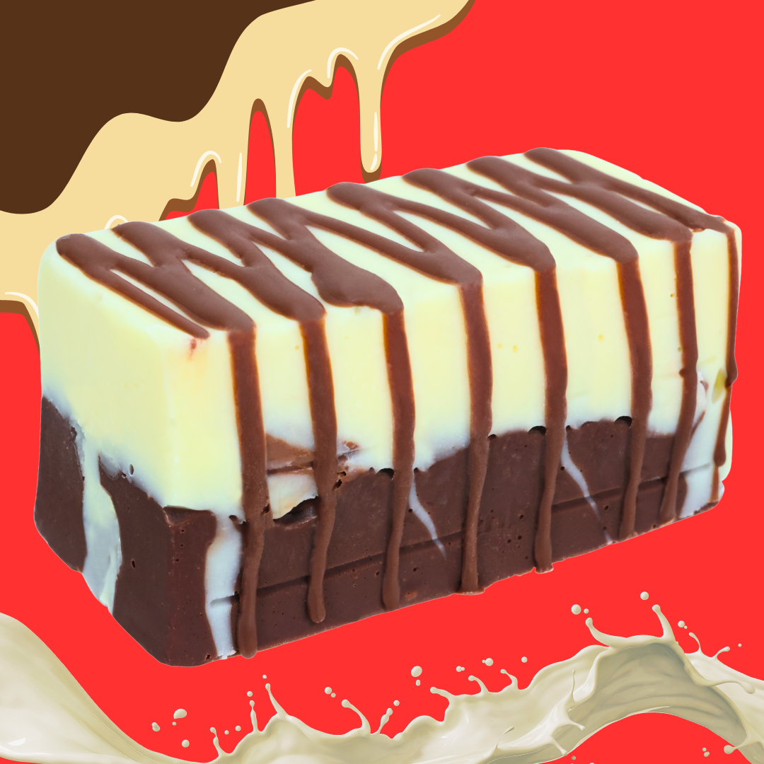 Super Bueno Fudge is a rectangular dessert bar featuring creamy white and dark chocolate layers, drizzled with chocolate sauce, set on a striking red background with white and brown cream splashes.