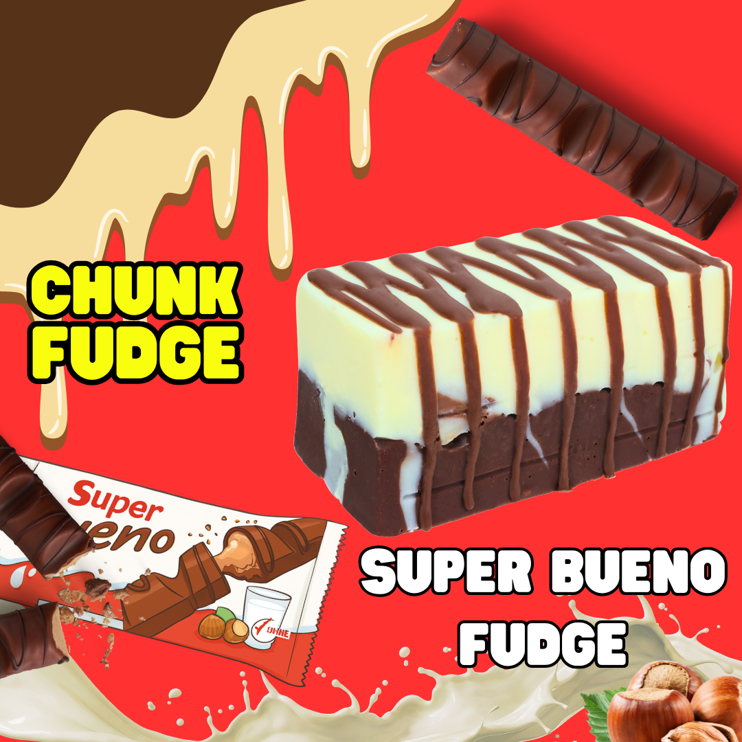 A Super Bueno Fudge bar with white and milk chocolate drizzle sits on a red background, surrounded by chocolate drips, hazelnuts, splashing milk, and a wrapped Super Bueno Fudge bar. The text says CHUNK FUDGE and SUPER BUENO FUDGE.