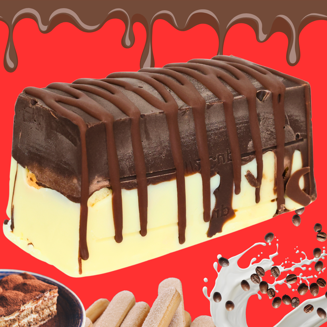 Tiramisu Fudge is a rectangular ice cream bar coated in white and dark chocolate, drizzled with chocolate and featuring the rich flavor of espresso fudge. The package shows chocolate drips, milk splashes, coffee beans, and ladyfinger biscuits on red.
