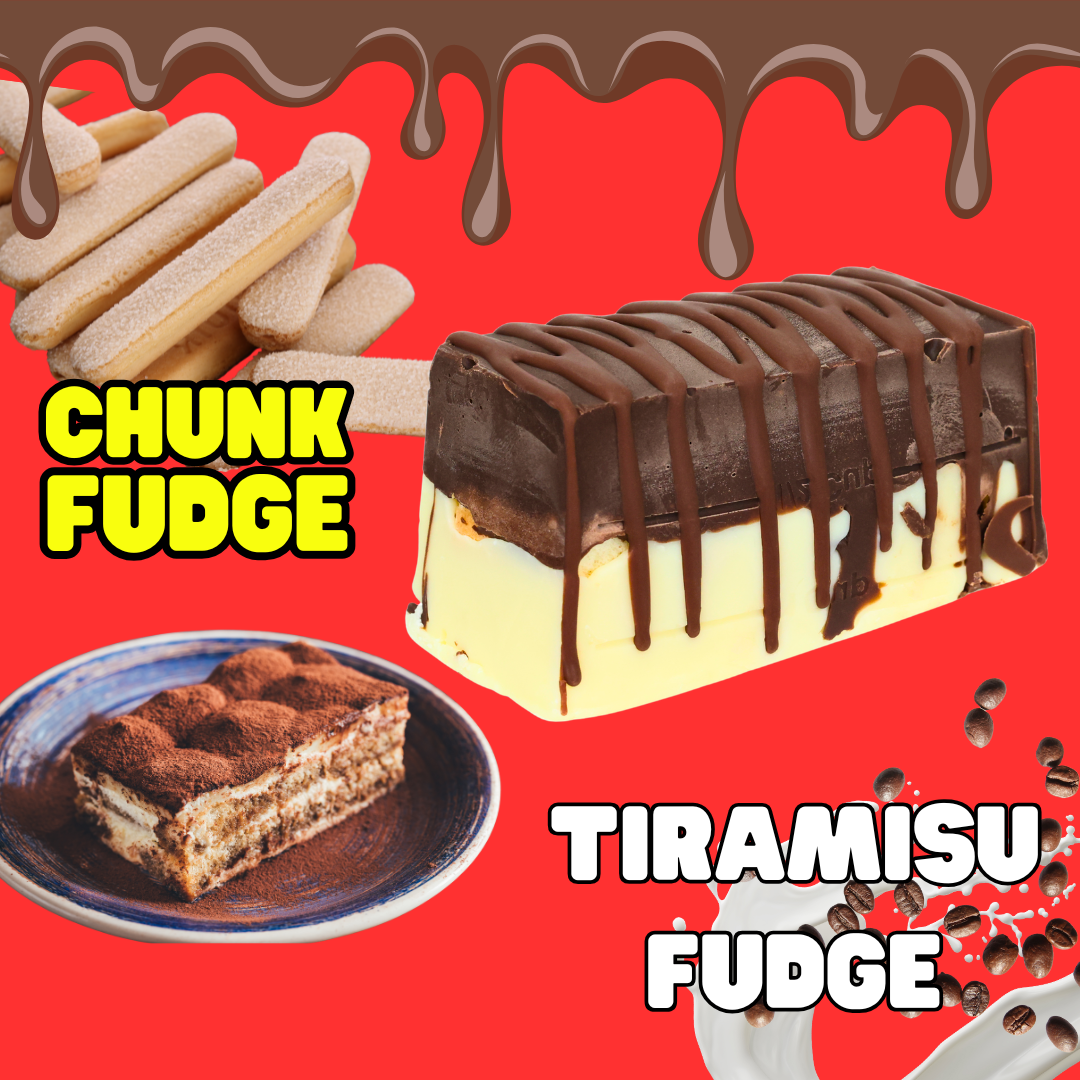 Tiramisu Fudge bar, drizzled with chocolate, is centered on a red background with espresso dark chocolate fudge dripping from above, tiramisu dessert and coffee beans below, and ladyfinger sponge biscuits labeled Chunk Fudge above.
