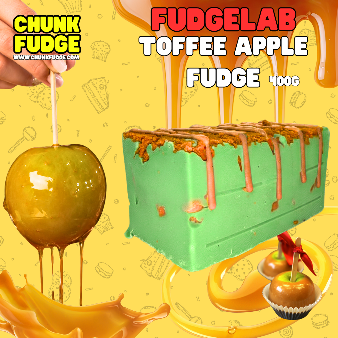 A green toffee apple on a stick, a large green apple fudge block topped with caramel, and mini toffee apple fudge treats on a yellow background with caramel drips and "Toffee Apple Fudge" text.