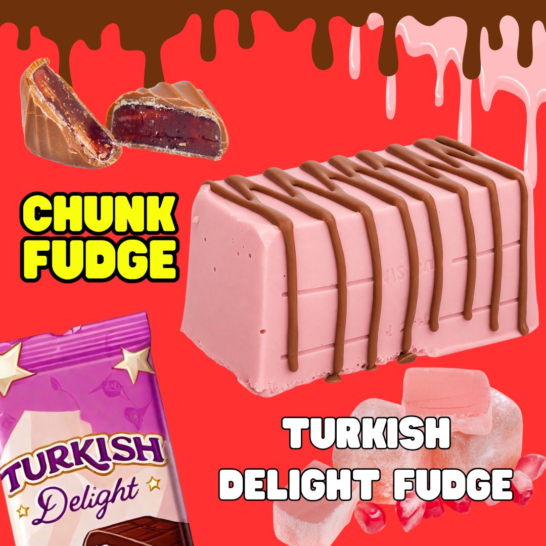 A pink rose-flavoured Turkish Delight Fudge bar with chocolate drizzle is shown on a red background, accompanied by a milk chocolate-covered Chunk Fudge and an unwrapped Turkish Delight in the corners.